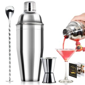 24oz Cocktail Shaker Bar Set - Professional Margarita Mixer Drink Shaker and Measuring Jigger & Mixing Spoon Set - Professional Stainless Steel Bar Tools Built-in Bartender Strainer for Martini Kit