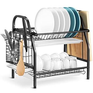 alvorog 2-tier dish drying rack with utensil holder and cutting board holder, stainless steel dish rack with removable drain boards large capacity dish drainer kitchen organizer for countertop (black)
