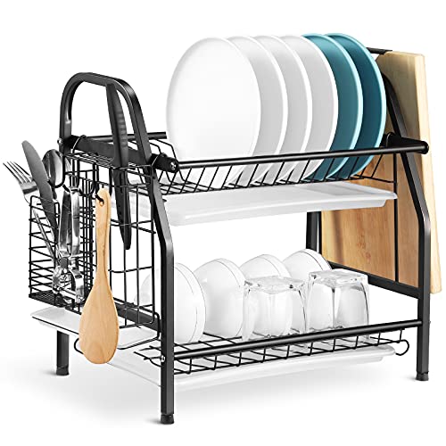 alvorog 2-Tier Dish Drying Rack with Utensil Holder and Cutting Board Holder, Stainless Steel Dish Rack with Removable Drain Boards Large Capacity Dish Drainer Kitchen Organizer for Countertop (Black)