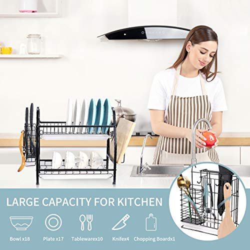 alvorog 2-Tier Dish Drying Rack with Utensil Holder and Cutting Board Holder, Stainless Steel Dish Rack with Removable Drain Boards Large Capacity Dish Drainer Kitchen Organizer for Countertop (Black)