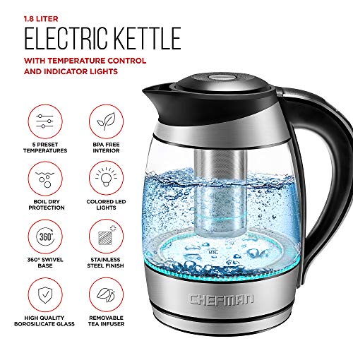 Chefman Electric Kettle w/Temperature Control, Removable Tea Infuser, 5 Presets LED Indicator Lights, 360° Swivel Base, BPA Free, Stainless Steel, 1.8 Liters