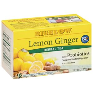 bigelow lemon ginger plus probiotics herbal tea, caffeine free, 18 count (pack of 6), 108 total tea bags