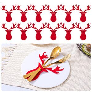 Christmas Cutlery Decoration, 12PCS Christmas Cutlery Bag Silverware Tableware Holder Knife Fork Bag Pouch Decor for Home Dinner Table, Festival Holiday Party, Christmas Tree Decoration (Elk-red)