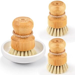bamboo dish scrub brushes by subekyu, kitchen wooden cleaning scrubbers set for washing cast iron pan/pot, natural sisal bristles, set of 3