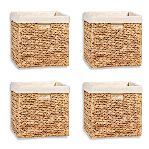 12" Foldable Hyacinth Storage Basket with Iron Wire Frame and Removable Liner By Trademark Innovations (Set of 4)