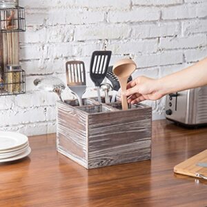 MyGift Rustic Torched Wood Square Cooking Utensil Holder for Kitchen Counter Organizer, Flatware Storage Caddy with 4 Divided Compartments