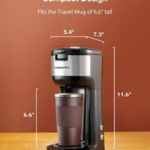 Famiworths Single Serve Coffee Maker for K Cup and Ground Coffee, 6 to 14 Oz Brew Sizes, Fits Travel Mug, Mini One Cup Coffee Maker with Self-cleaning Function, Black