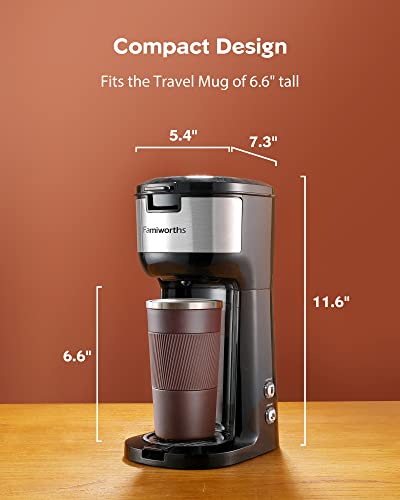 Famiworths Single Serve Coffee Maker for K Cup and Ground Coffee, 6 to 14 Oz Brew Sizes, Fits Travel Mug, Mini One Cup Coffee Maker with Self-cleaning Function, Black