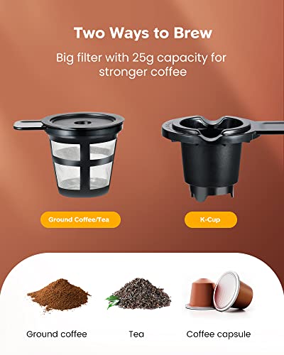 Famiworths Single Serve Coffee Maker for K Cup and Ground Coffee, 6 to 14 Oz Brew Sizes, Fits Travel Mug, Mini One Cup Coffee Maker with Self-cleaning Function, Black