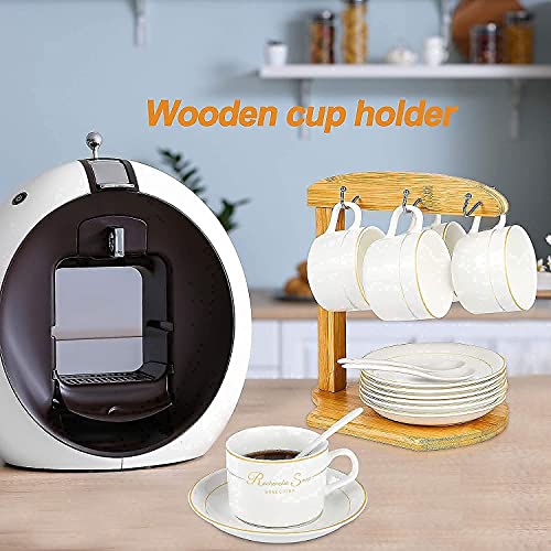 TAIHE Coffee Mug Holder, Coffee Mug Rack with Saucer Basket Storage, 6 Hooks can Hanging Your Love Mug & Cup & Tea Cup, Countertop Cup Hold 8x6 x9 (Natural Bamboo)