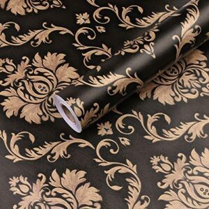 HOYOYO 17.8 x 118 Inches Self-Adhesive Shelf Liner, Self-Adhesive Shelf Liner Dresser Drawer Paper Wall Sticket Home Decoration, Black Gold Damask