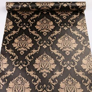 HOYOYO 17.8 x 118 Inches Self-Adhesive Shelf Liner, Self-Adhesive Shelf Liner Dresser Drawer Paper Wall Sticket Home Decoration, Black Gold Damask