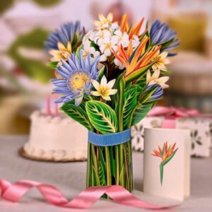 Freshcut Paper Pop Up Cards, Tropical Bloom, 12 inch Life Sized Forever Flower Bouquet 3D Popup Greeting Cards with Note Card and Envelope - Birds of Paradise & Lotus Blossom Flowers