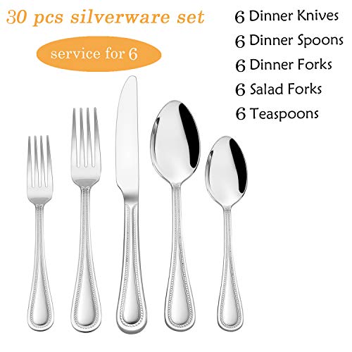 30-Piece Silverware Set, HaWare Stainless Steel Flatware Service for 6, Pearled Edge Tableware Cutlery Include Knife/Fork/Spoon, Beading Eating Utensil for Home, Mirror Polished, Dishwasher Safe