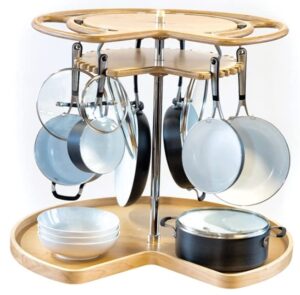 wood kidney shape swiveling lazy susan hooks pots and pans organizer with 7 metal for corner base cabinet (28″ diameter)