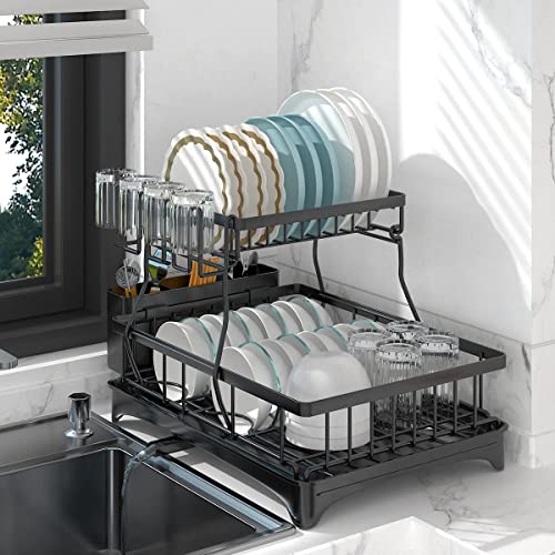 B BEAUTYBABY 2 Tier Dish Drying Rack with Drainboard Dish Racks for Kitchen Counter Dish Drainers Set with Utensils Holder Auto-Drainage Large Capacity Stainless Steel Dish Rack Detachable