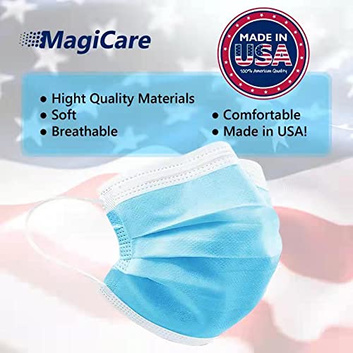 MagiCare Made in USA Masks - Blue Disposable Face Masks - Medical Grade (ASTM Level 1) - Premium 3 Ply Face Masks Disposable Made In USA - Comfortable, Soft, Breathable Face Mask for Adults - Face Mask American Made, 50ct Box