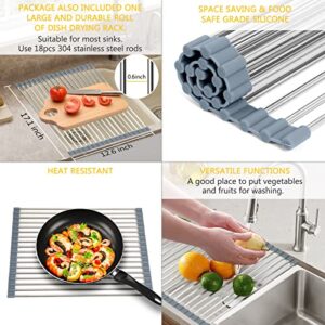 Over The Sink Dish Drying Rack Adjustable (25.5-31.5in) with Roll Up Dish Rack Over Sink, 2 Tier Stainless Steel Large Dish Drainer for Kitchen Counter Organizer Storage Space Saver with Utility Hooks