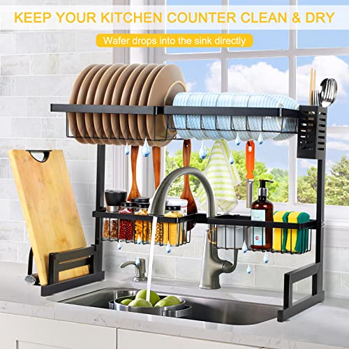 Over The Sink Dish Drying Rack Adjustable (25.5-31.5in) with Roll Up Dish Rack Over Sink, 2 Tier Stainless Steel Large Dish Drainer for Kitchen Counter Organizer Storage Space Saver with Utility Hooks