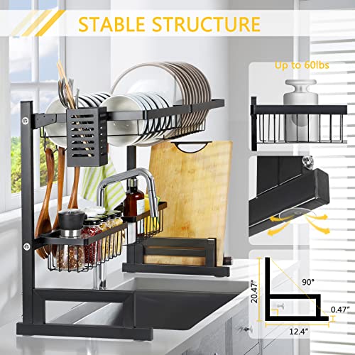 Over The Sink Dish Drying Rack Adjustable (25.5-31.5in) with Roll Up Dish Rack Over Sink, 2 Tier Stainless Steel Large Dish Drainer for Kitchen Counter Organizer Storage Space Saver with Utility Hooks