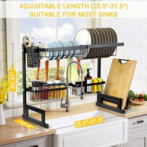 Over The Sink Dish Drying Rack Adjustable (25.5-31.5in) with Roll Up Dish Rack Over Sink, 2 Tier Stainless Steel Large Dish Drainer for Kitchen Counter Organizer Storage Space Saver with Utility Hooks