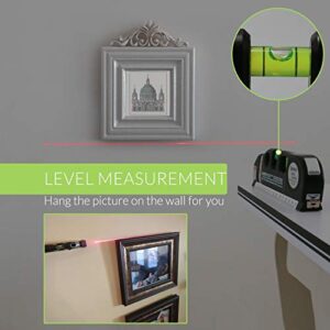 Laser Level, Qooltek Multipurpose Cross Line Laser 8 feet Measure Tape Ruler Adjusted Standard and Metric Rulers for hanging pictures