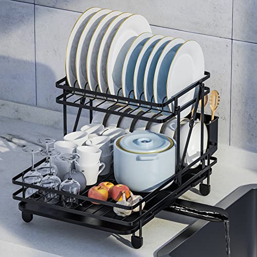 Uamector Large Dish Drying Rack, 2 Tier Stainless Steel Dish Racks with Drainage and Utensil Holder, Drying Rack Kitchen with Drainboard Set, Foldable Dish Drainers for Kitchen Counter Black