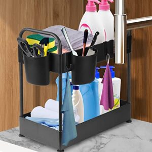 VIGIND Under Sink Organizer,Multi-purpose Under Sink Shelf Organizer for Bathroom Kitchen,2 Tier Kitchen Countertop Organizer with 6 Hooks 2 Hanging Cups 2 Handles and Anti-Foot,Save Space,Black