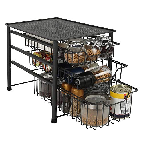 MAX Houser 3-Tier Stackable Organizer Baskets with Metal Sliding Drawers for Pantry, Under the Sink, Desktop Organizer for Bathroom,Kitchen, Office (Charcoal Grey)