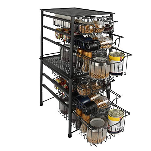 MAX Houser 3-Tier Stackable Organizer Baskets with Metal Sliding Drawers for Pantry, Under the Sink, Desktop Organizer for Bathroom,Kitchen, Office (Charcoal Grey)