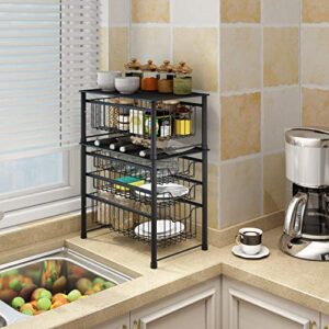 MAX Houser 3-Tier Stackable Organizer Baskets with Metal Sliding Drawers for Pantry, Under the Sink, Desktop Organizer for Bathroom,Kitchen, Office (Charcoal Grey)