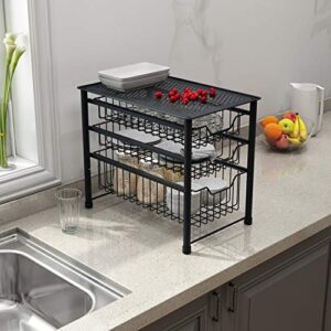 MAX Houser 3-Tier Stackable Organizer Baskets with Metal Sliding Drawers for Pantry, Under the Sink, Desktop Organizer for Bathroom,Kitchen, Office (Charcoal Grey)