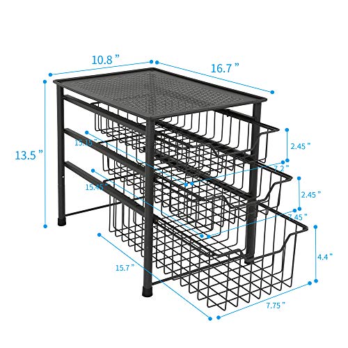 MAX Houser 3-Tier Stackable Organizer Baskets with Metal Sliding Drawers for Pantry, Under the Sink, Desktop Organizer for Bathroom,Kitchen, Office (Charcoal Grey)