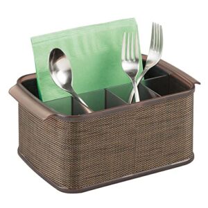 mdesign plastic cutlery storage organizer caddy tote bin with handles for kitchen cabinet or pantry – holds forks, knives, spoons, napkins – indoor or outdoor use, woven accent – bronze/sand brown