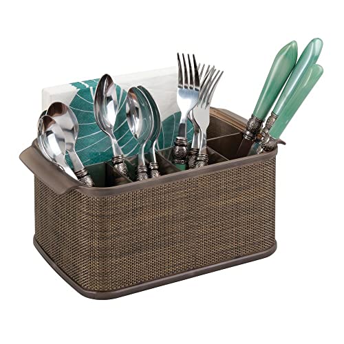 mDesign Plastic Cutlery Storage Organizer Caddy Tote Bin with Handles for Kitchen Cabinet or Pantry - Holds Forks, Knives, Spoons, Napkins - Indoor or Outdoor Use, Woven Accent - Bronze/Sand Brown