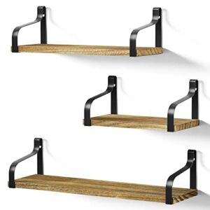 love-kankei floating shelves wall mounted set of 3, rustic wood wall storage shelves for bedroom, living room, bathroom, kitchen, office and more carbonized black