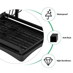 IN VACUUM Dish Drying Rack with Drainboard, 2 Tier Dish Drying Rack with Drainage, Black Kitchen Dish Drying Rack with Cup Holder, Utensil Holder, Dish Drainers for Kitchen Counter