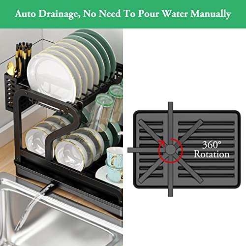 IN VACUUM Dish Drying Rack with Drainboard, 2 Tier Dish Drying Rack with Drainage, Black Kitchen Dish Drying Rack with Cup Holder, Utensil Holder, Dish Drainers for Kitchen Counter