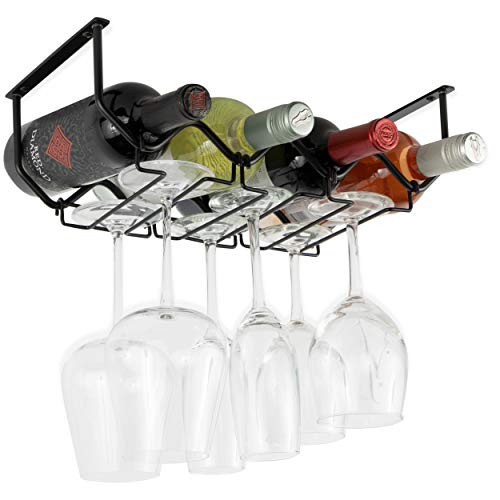 Wallniture Piccola Under Cabinet Wine Rack and Glasses Holder, Kithcen Organization and Storage Rack, Metal Black Set of 2