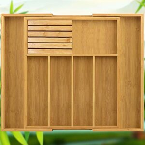 Pinshion Bamboo Expandable Drawer Organizer, Utensil Tray and Premium Cutlery, Adjustable Kitchen Drawer Divider