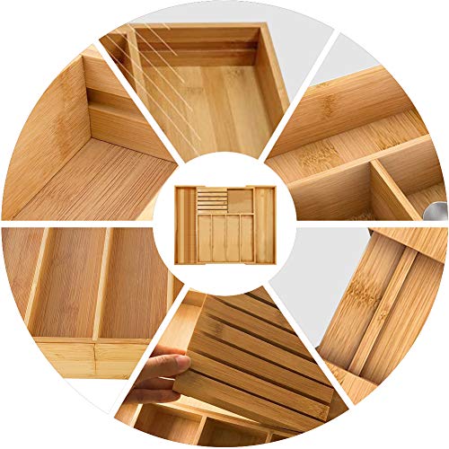 Pinshion Bamboo Expandable Drawer Organizer, Utensil Tray and Premium Cutlery, Adjustable Kitchen Drawer Divider