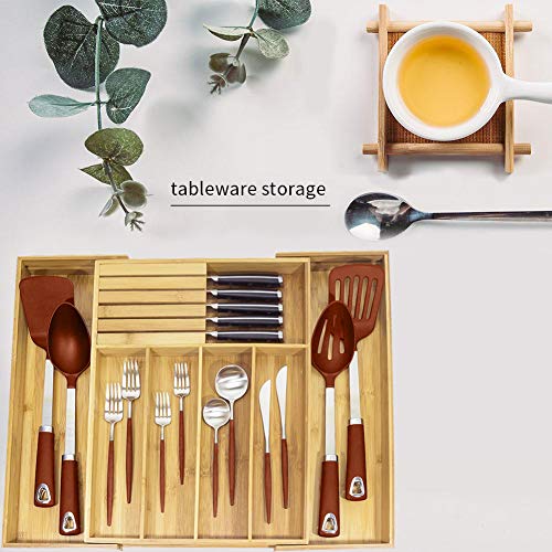 Pinshion Bamboo Expandable Drawer Organizer, Utensil Tray and Premium Cutlery, Adjustable Kitchen Drawer Divider