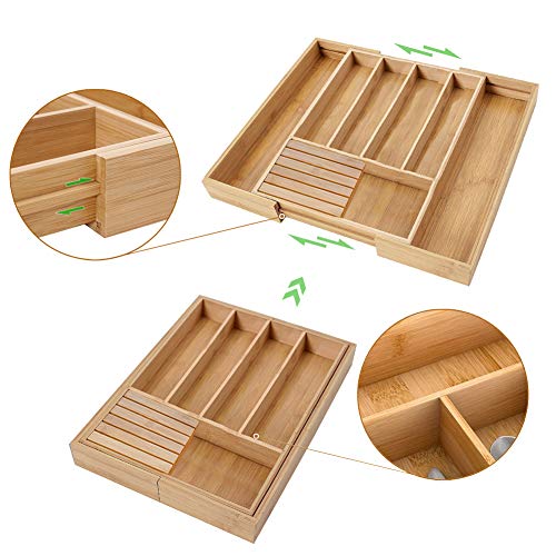 Pinshion Bamboo Expandable Drawer Organizer, Utensil Tray and Premium Cutlery, Adjustable Kitchen Drawer Divider