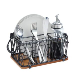 giftburg utensil and flatware caddy with handles & wood base; storage basket organizer; plate, silverware, napkin holder, condiment organizer