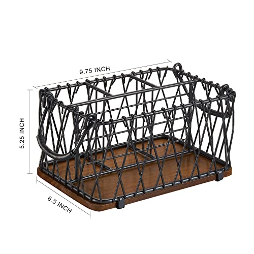 Giftburg Utensil and Flatware Caddy with Handles & Wood Base; Storage Basket Organizer; Plate, Silverware, Napkin Holder, Condiment Organizer