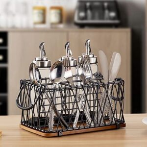 Giftburg Utensil and Flatware Caddy with Handles & Wood Base; Storage Basket Organizer; Plate, Silverware, Napkin Holder, Condiment Organizer