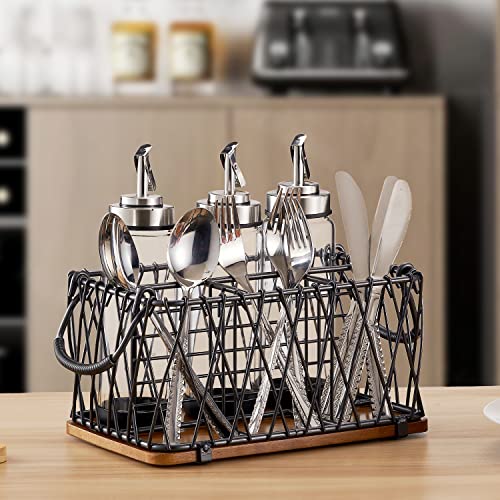 Giftburg Utensil and Flatware Caddy with Handles & Wood Base; Storage Basket Organizer; Plate, Silverware, Napkin Holder, Condiment Organizer