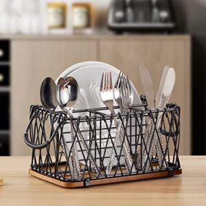 Giftburg Utensil and Flatware Caddy with Handles & Wood Base; Storage Basket Organizer; Plate, Silverware, Napkin Holder, Condiment Organizer