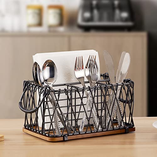 Giftburg Utensil and Flatware Caddy with Handles & Wood Base; Storage Basket Organizer; Plate, Silverware, Napkin Holder, Condiment Organizer