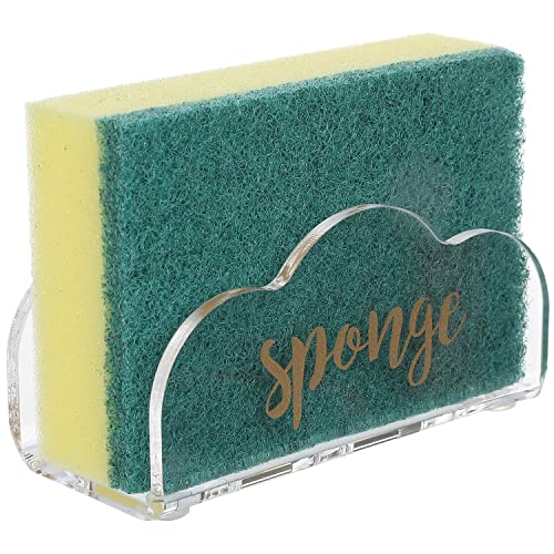 MyGift Decorative Clear Acrylic Kitchen Sink Sponge Holder with Draining Holes and Gold Curvie SPONGE Wording Design